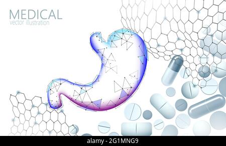 Traitement médical de l'estomac humain concept. Comprimé capsule aide la thérapie. Système digestif douleur abdomen cancer analyse prévention medicine modèle d'affiche Illustration de Vecteur