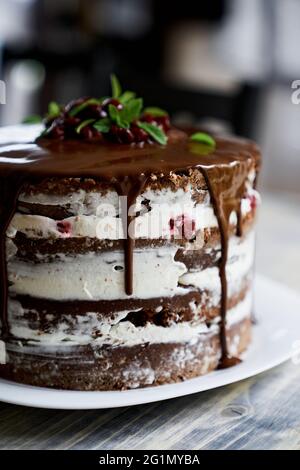Gâteau au chocolat sur une assiette. Gros plan Banque D'Images
