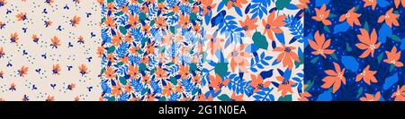 Mettez en place des motifs tendance sans couture avec des fleurs décoratives dessinées à la main dans des tons de bleu et de corail. Motifs vectoriels floraux pour le textile, l'imprimé et le papier cadeau Illustration de Vecteur