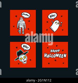 Ensemble de mini cartes de fête d'Halloween avec des cartes de calligraphie manuscrites et des monstres amusants. Illustration vectorielle plate sur fond rouge sanglant Illustration de Vecteur