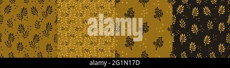 Ensemble de motifs tendance sans couture avec fleurs décoratives dessinées à la main dans des tons ocre or et noir. Motifs floraux vectoriels pour textiles, imprimés, papier cadeau, Illustration de Vecteur