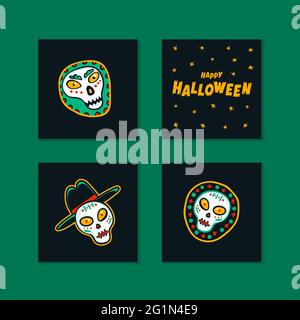 Ensemble de mini cartes de fête d'Halloween avec des cartes de calligraphie manuscrites et des monstres amusants. Illustration vectorielle de style plat. Illustration de Vecteur