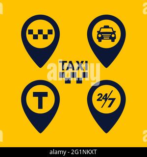 Icônes de taxi définies. Cartographier les icônes en forme de pin sur fond jaune. Icône de glyphe de point de taxi. Illustration vectorielle plate. Illustration de Vecteur