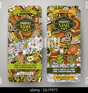 Dessin animé mignon coloré vecteur dessins à la main Doodles Pizzeria identité d'entreprise. 2 bannières verticales. Jeu de modèles. Tous les objets sont séparés Illustration de Vecteur