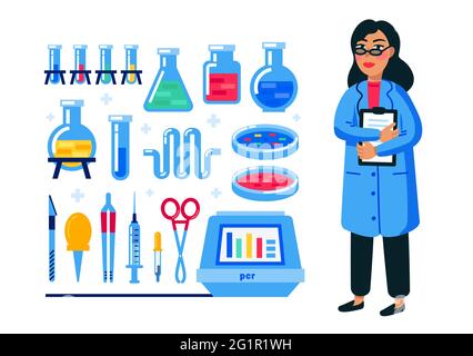 Kit d'équipement scientifique et de laboratoire pour femmes. Femme dans une robe médicale bleue et flacon, flacon, tube à essai, retorts en verre etc. Séquençage du génome humain pro Illustration de Vecteur