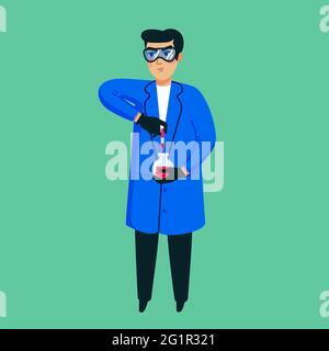 Scientifique masculin. Jeune homme dans une robe médicale bleue tenant une fiole sur fond vert. Concept de séquençage du génome. Illustration vectorielle de style plat Illustration de Vecteur