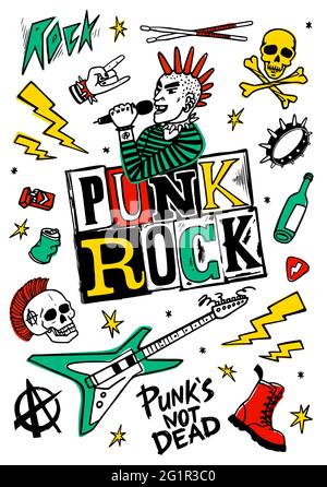 Kit de musique rock punk. Punk rock simbols, mots et éléments de conception sur fond blanc. Illustration vectorielle Illustration de Vecteur