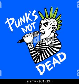Musique rock punk. Punks pas les mots morts et le portrait de punk avec mohawk. Illustration vectorielle sur fond bleu Illustration de Vecteur