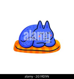 Concept de toilettage pour animaux. Chat bleu dormant sur un coussin. Soins pour chats, toilettage, hygiène, santé. Magasin pour animaux de compagnie, accessoires. Illustration vectorielle de style plat sur blanc Illustration de Vecteur