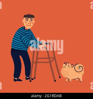 Le vieil homme marche avec son chien. Grand-père avec un marcheur marchant avec un petit chien. Mode de vie des personnes âgées. Illustration vectorielle de style plat Illustration de Vecteur