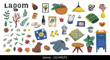 Lagom. Concept de style de vie scandinave. Grand ensemble avec lagom lettering et des choses confortables comme l'oreiller, les plantes, le mobilier sur fond blanc Illustration de Vecteur