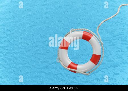 Bouée de sauvetage sur une surface d'eau bleue avec espace de copie. illustration 3d Banque D'Images