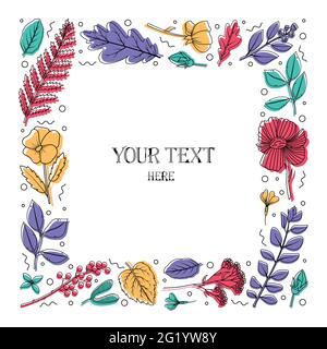 Un cadre carré avec des feuilles et des fleurs séchées pour l'herbier. Dessin au trait Illustration de Vecteur