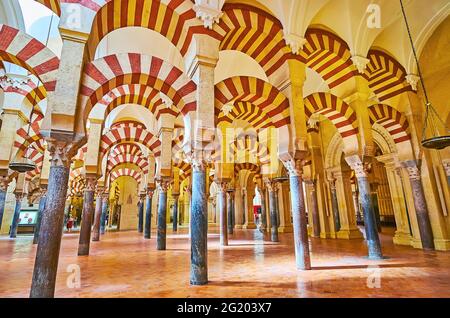 CORDOBA, ESPAGNE - 30 septembre 2019: Mezquita- Catedral dispose d'une impressionnante salle Moresque de style hypostyle avec arches, colonnes et détails sculptés, le 30 septembre dans Cord Banque D'Images