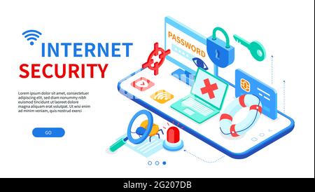 Sécurité Internet - bandeau web moderne et coloré isométrique avec espace de copie pour le texte. Protection des données, idée antivirus. Saisie du mot de passe, sac de logiciels, a Illustration de Vecteur