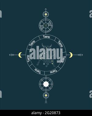 Taurus. Motif signe de zodiaque. Motif zodiaque avec grille en étoile. Motif abstrait taureau. Signes avec textes en latin. Illustrations graphiques vectorielles de l'horoscope Illustration de Vecteur