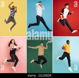 Portraits de groupes de personnes sur fond coloré, collage. Banque D'Images