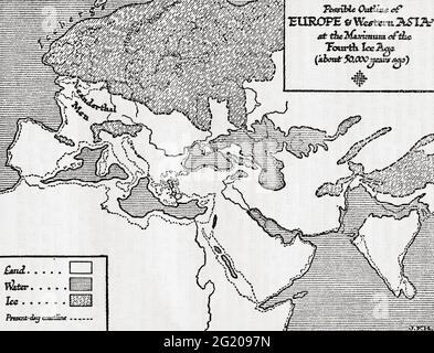 Carte des contours possibles de l'Europe et de l'Asie occidentale au maximum du quatrième âge glaciaire. Tiré d'UNE brève histoire du monde, publié vers 1936 Banque D'Images