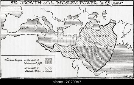 Carte montrant la croissance de la puissance musulmane en 25 ans de 632 à 656. Tiré d'UNE brève histoire du monde, publié vers 1936 Banque D'Images