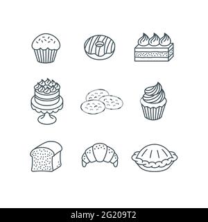 Différents produits de pâtisserie. Desserts sucrés. Icônes linéaires simples de cupcake, beignet, gâteau, cookie, croissant, pain, tarte, muffin. Produits de boulangerie faits maison. Illustration de Vecteur