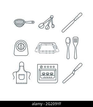 Outils de cuisson à domicile. Icônes de traits fins à vecteur plat. Équipement de cuisine indispensable pour cuisiner des pâtisseries maison. Pictogrammes de contour de la tamisette, cuillères à mesurer, Illustration de Vecteur