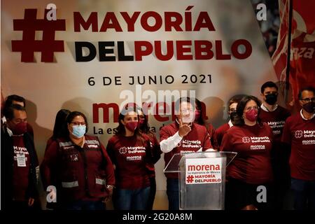 Le président du parti du mouvement national de régénération du Mexique (MORENA), Mario Delgado, célèbre la victoire avec la confiance des citoyens, ayant une majorité d'électeurs pour Morena le 6 juin 2021 à Mexico, Mexique. Photo de Luis Barron/Eyepix/ABACAPRESS.COM Banque D'Images