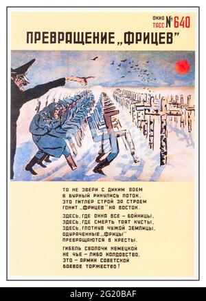 WW2 Russian Propaganda Poster 'les soldats allemands se transforment en croix. La MORT du chien ALLEMAND n'est pas la sorcellerie, c'est un triomphe militaire pour l'armée soviétique ! » La guerre sur le front de l'est 1943 Banque D'Images