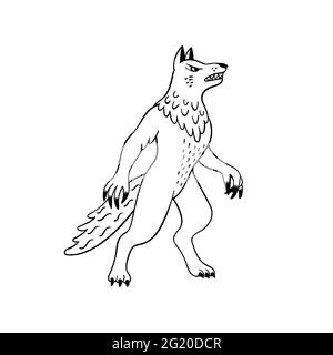 Ensemble de créatures magiques. Animal mythologique - loup-garou. Illustration vectorielle noire et blanche de style Doodle isolée sur fond blanc. Motif tatouage ou Illustration de Vecteur