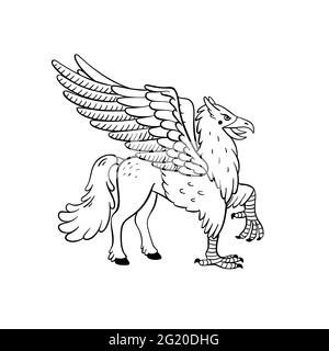 Ensemble de créatures magiques. Animal mythologique - hippogriff. Illustration vectorielle noire et blanche de style Doodle isolée sur fond blanc. Motif tatouage Illustration de Vecteur