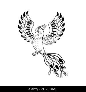 Ensemble de créatures magiques. Oiseau mythologique - phoenix. Illustration vectorielle noire et blanche de style Doodle isolée sur fond blanc. Motif tatouage ou co Illustration de Vecteur