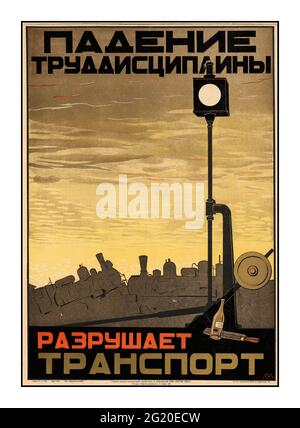 Affiche de propagande russe soviétique des années 1930 : “la chute de la discipline du travail détruit les transports” [affiche] propagande scientifique et technique et information sur le NKPS du NIS. - Moscou Russie Transpechat NKPS, [1931] (6ème imprimerie de Transpechat NKPS à Moscou) lithographie couleur Banque D'Images