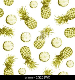 Motif vert monochrome sans couture d'ananas frais. Aquarelle dessinée à la main sur fond blanc. Banque D'Images