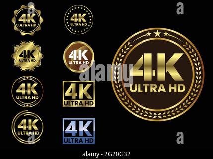 Logo d'icône de résolution vidéo Ultra HD 4K d'or, téléviseur haute définition, étiquette d'affichage d'écran de jeu, bouton Web d'étiquette Ultra HD 4K. Illustration de Vecteur