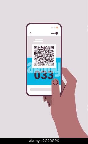 main humaine utilisant le code à barres qr avec le numéro de file d'attente sur l'écran du smartphone système de file d'attente électronique Illustration de Vecteur