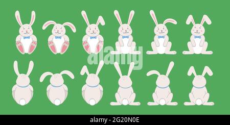 Lapins de Pâques. Lapin de Pâques à l'avant et à l'arrière sur fond vert. Illustration vectorielle de style plat. Illustration de Vecteur