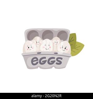 Œufs mignons. Œufs blancs avec visages mignons dans une boîte en carton. Oeufs de poulet amis avec visages drôles. Illustration vectorielle de style plat Illustration de Vecteur