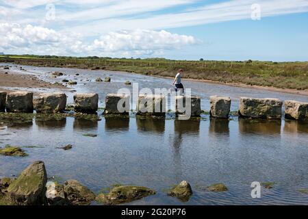 Les pierres de Rhuddgaer ou Giant traversent la rivière Braint près de Newborough sur l'île d'Anglesey, au pays de Galles. Ce sont de grands blocs de calcaire. Banque D'Images