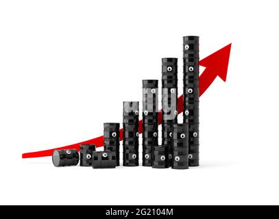 Barils de pétrole noir ou de carburant avec courbe de la courbe de la hausse rouge du stock, concept de croissance du prix du pétrole, illustration 3D Banque D'Images