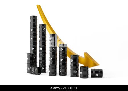 Barils de pétrole noir ou de carburant avec courbe de la chute de stock d'or, baisse du prix du pétrole ou concept de crise, illustration 3D Banque D'Images