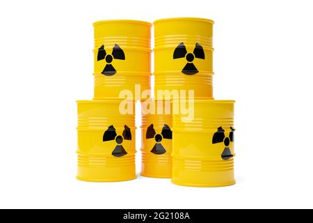 Pile de barils de conteneur de déchets radioactifs jaune avec symbole d'avertissement sur fond blanc, illustration 3D Banque D'Images