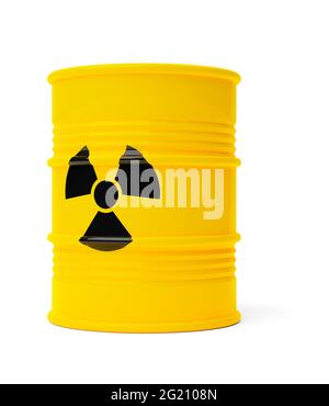 Cylindre jaune du tambour de récupération des déchets radioactifs avec symbole d'avertissement sur fond blanc, illustration 3D Banque D'Images
