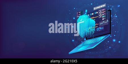 Laptop with shield, Cyber Security concept. 3D laptop and cloud data under the protection. Cybersecurity, antivirus, encryption, data protection Illustration de Vecteur