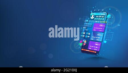 Application bancaire en perspective smartphone 3D. Votre compte bancaire en ligne, la gestion des devises et le paiement. Paiement de transfert, transaction de sécurité de paiement en ligne Illustration de Vecteur