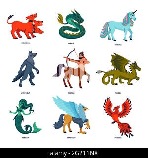 Ensemble de créatures magiques. Animaux mythologiques. Illustration vectorielle de style plat isolée sur fond blanc Illustration de Vecteur