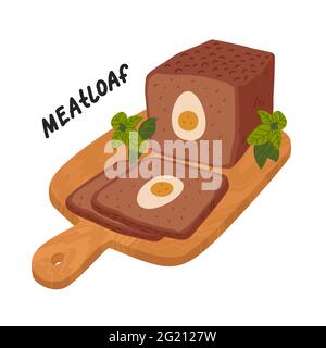 Pain de viande. Charcuterie sur planche à découper en bois. Tranches de pain de viande cuit avec œufs durs pour Pâques. Illustration vectorielle simple de style plat Illustration de Vecteur