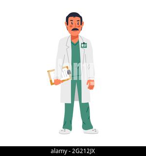 Médecin. Jeune MD en gommages verts et robe blanche. Concept de l'équipe médicale. Un médecin de sexe masculin avec un stéthoscope et un dossier médical. Vecteur de style plat simple Illustration de Vecteur