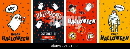 Mise en place des affiches d'Halloween. Collection vectorielle d'invitations ou de cartes de vœux pour Halloween. Illustration vectorielle de style dessin animé plat Illustration de Vecteur