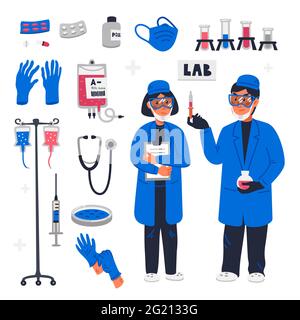 Scientifiques dans un laboratoire. Chercheurs en soins de santé travaillant en laboratoire scientifique. Scientifiques féminins et masculins et équipement de laboratoire pour la recherche et les tests. Illustration de Vecteur