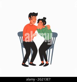 Empathie. Empathie et compassion concept - jeune homme réconfortant la femme pleurant. Aider les mains ou les soins psychologiques. Illustration vectorielle dans des dessins animés plats Illustration de Vecteur