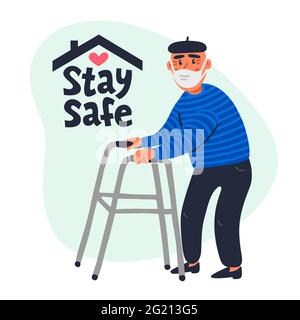 Protection des patients âgés, concept de sécurité. Affiche sociale avec un homme âgé dans un masque facial. Illustration verticale simple à vecteur plat Illustration de Vecteur